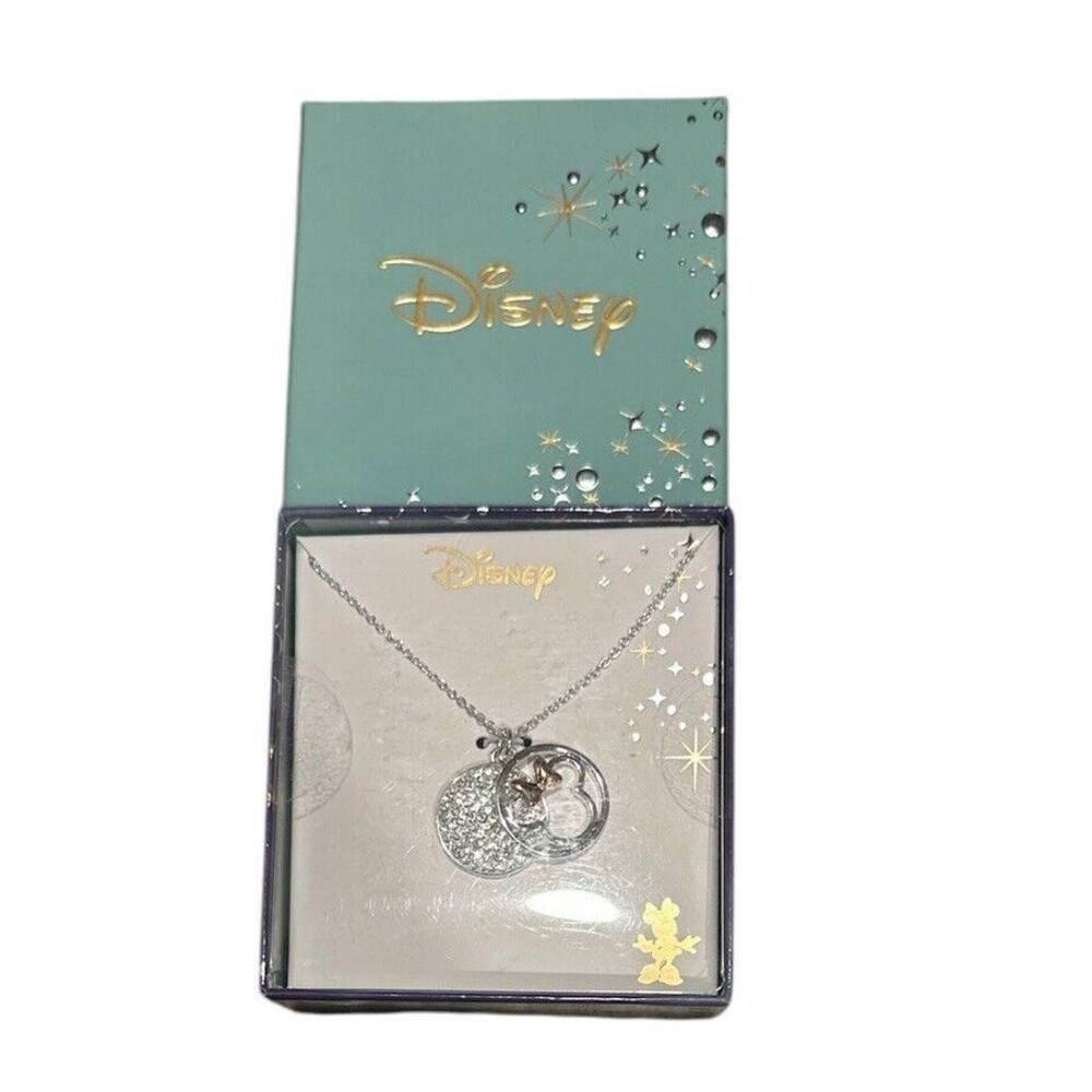 NEW Disney LA Rocks Mickey Head Necklace Heart Double Charm Silver Tone Sparkles